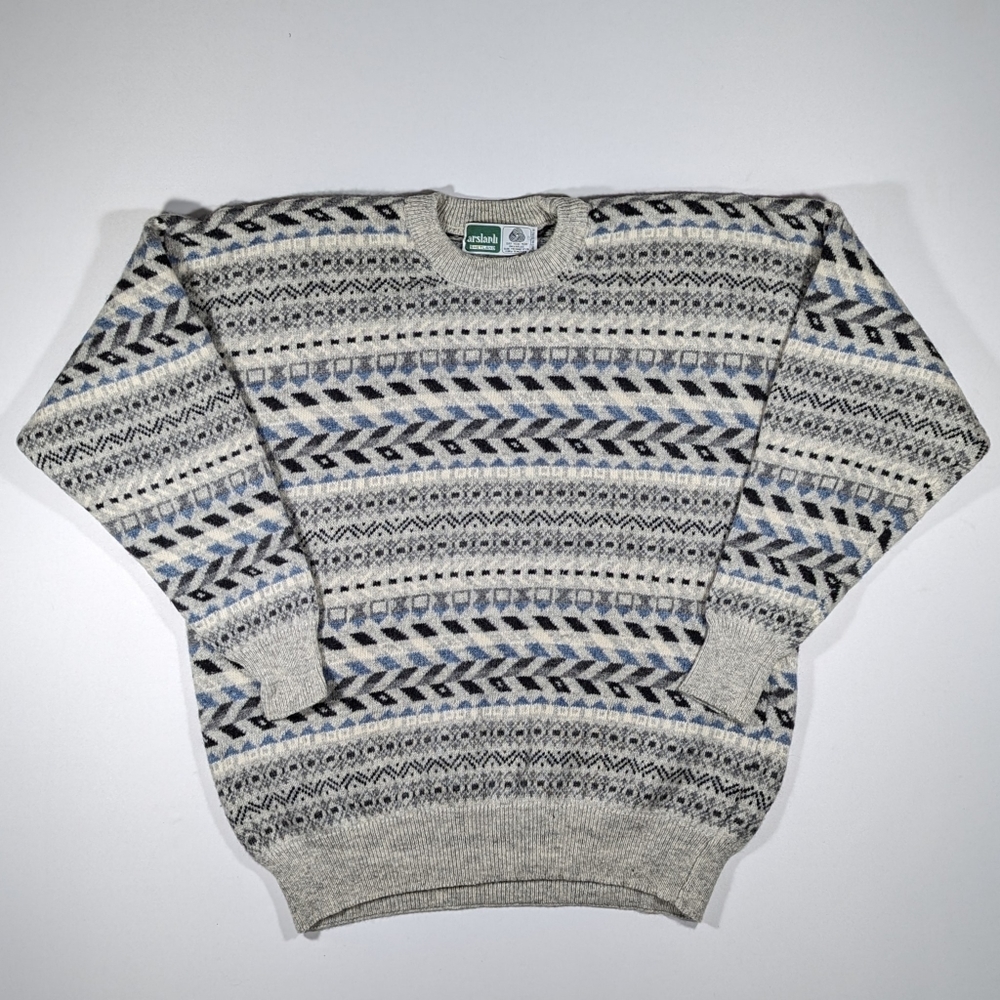 Vintage Arslarh Shetland Wool Sweater Men's Size XL Geometric Pattern 90s